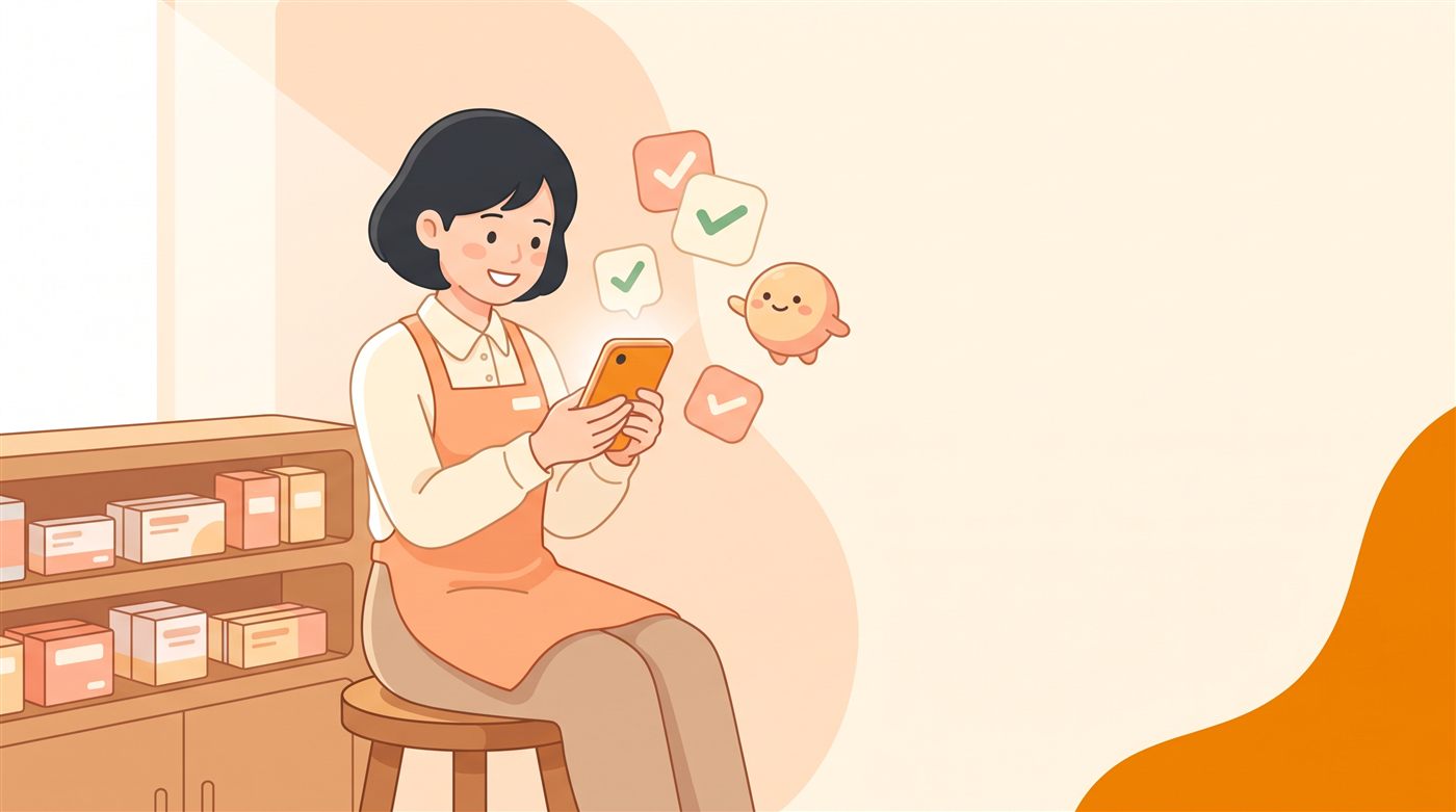 ドラッグストアの休憩中にスマホで過去問を解く登録販売者のイラスト